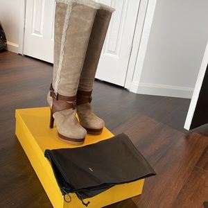 FENDI Taupe Suede and Shearling Trimmed Boots. Gently worn